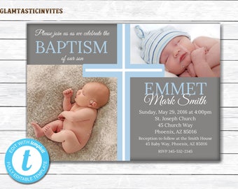 Baptism Invitation Boy, Baptism Invitation Printable, Boy Baptism Invitation, Printable Baptism Invitation, You Edit, DIY, TEMPLATE, Cross