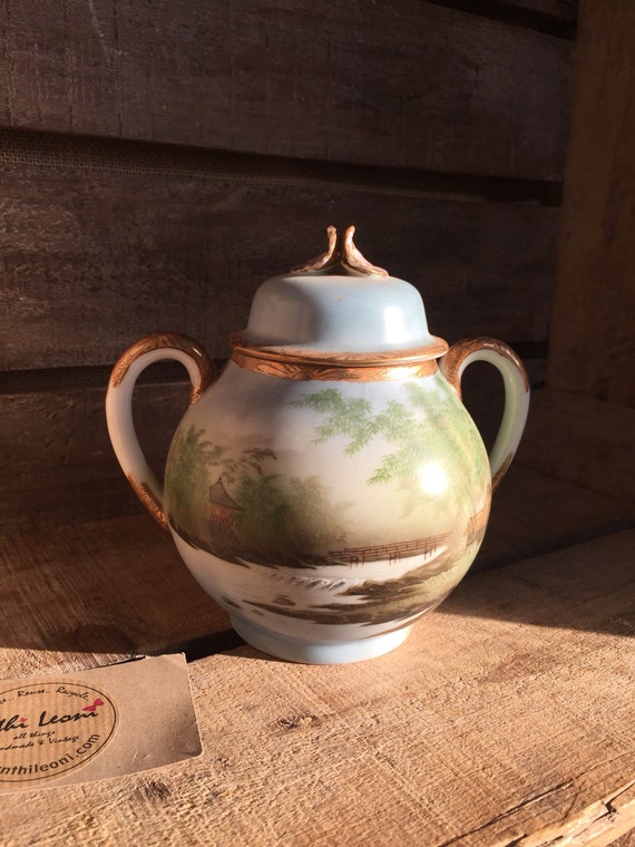 Vintage Noritake Jar with Lid - Original Japanese Two Handled Jar with Lid - Circa 1920s - Oriental Painted Decorative Blue Green Gold Jar