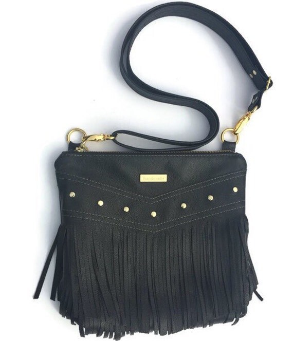 Black leather fringe purse fringe crossbody bag boho bag