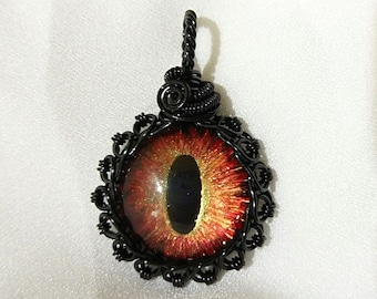 Hand-Painted Eye of Sauron Pendant w/Black Wire Wrap (with Necklace)