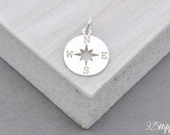 925 Sterling Silver Compass, Round Charm, Round Compass, 925 Silver Charm, Sterling Silver rose winds, Compass Pendant, Compass Charm