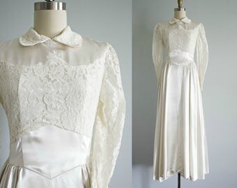 Vintage 40's White Brocade Wedding Gown With Heart Shaped