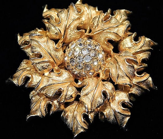 Vintage Benedikt NY Brooch Pave Rhinestone Flower Floral 1960s Mid Century Signed Designer Brooch Wedding Bride Bridal Jewelry Gold Tone
