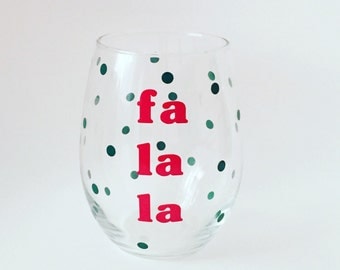 Fa La La Stemless Wine Glass. Christmas Wine Glass. Festive Wine Glass