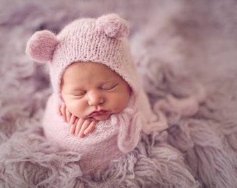 Newborn photography prop alpaca knitted wrap matching bear bonnet