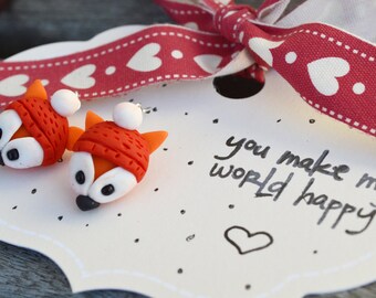 Cute handmade fimo fox earrings, cute gift for friend, fimo animal, fimo fox miniature, cute handmade earrings, cute handmade gift,