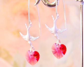 Pink Swarovski Heart Earrings Silver Bird Earrings Indian Pink Crystal Heart Earrings Dangle Earrings Romantic Gift For Wife Mother Gift