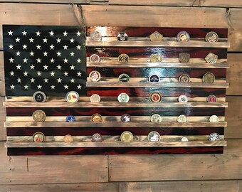 Challenge Coin Holder Old Glory - American Flag - Military Veteran Made - Wood Flag - Wall Decor -Wall Hanging - Patriotic - Handmade - Sign