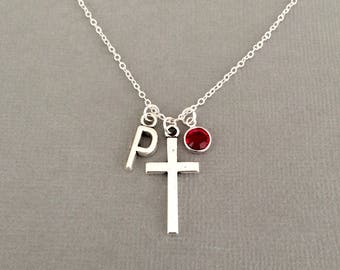 Personalised cross necklace, confirmation gift for girls, birthstone necklace, confirmation jewellery, silver cross jewelry
