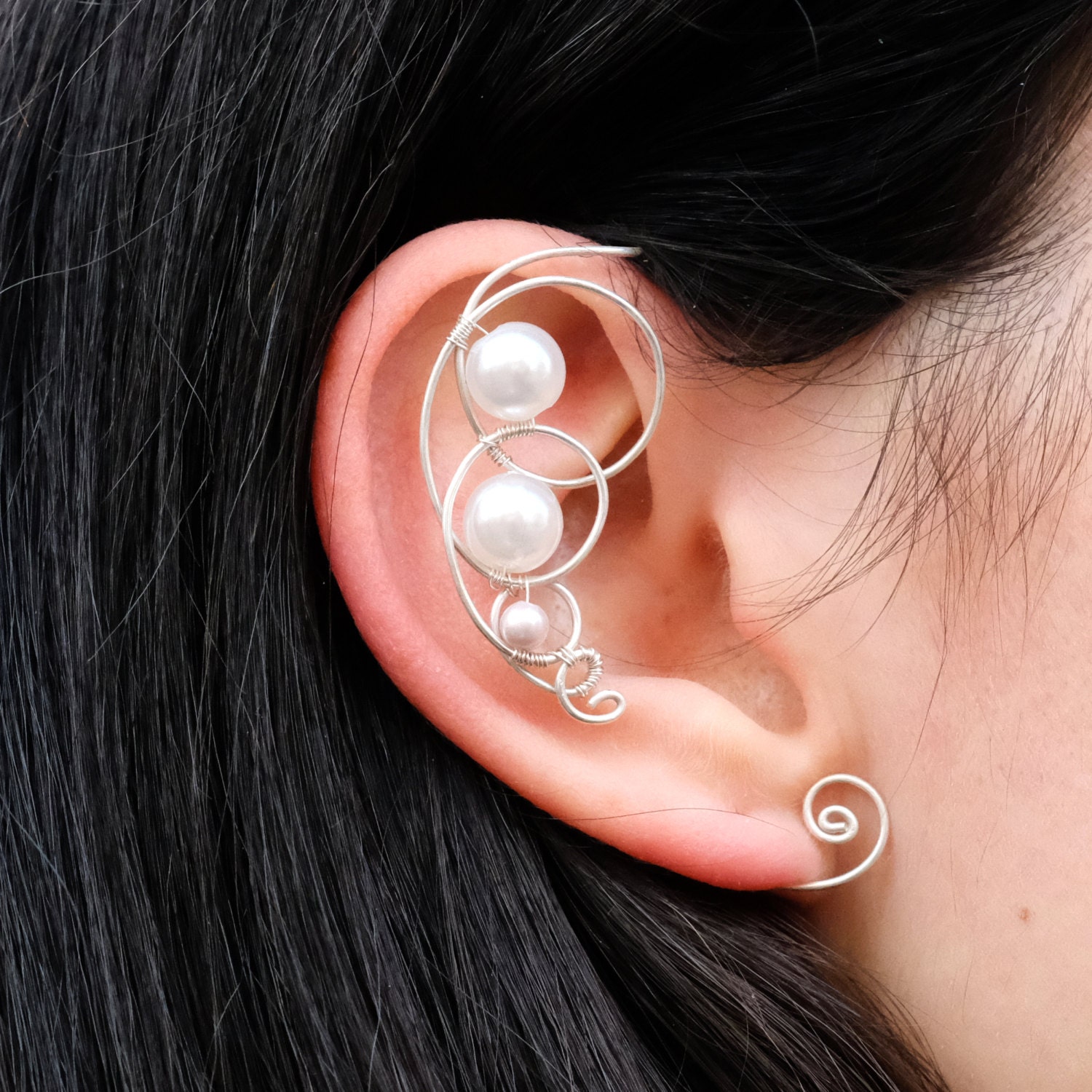 Delicate Silver Wire White Pearl Ear Cuff Cuffs Wedding