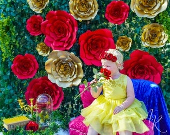 Giant Paper Roses, Rose Flower Backdrop, Beauty and the Beast Party Decor, DIY Paper Flowers, Templates & Tutorials, Photography backdrop