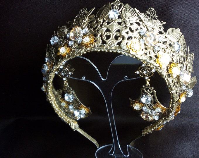 Wedding gold crown headband bridal jewelry set tiara earrings swarovski crystal bride filigree metal tiara rose gold rhinestone gift for her