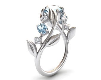 Leaf Engagement ring,White Gold 14k, Aquamarine Engagement ring,Nature inspired Diamond Leaf ring,Leaf Gold ring,Bridal ring, 1254
