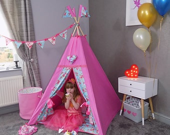 childrens teepee by chookeys luxury pink floral + hanging love heart cushion with name in glitter fabric