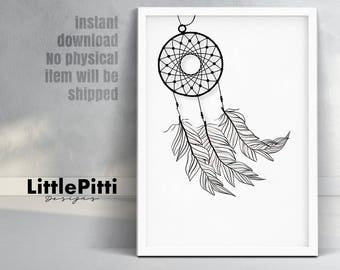 Dreamcatcher print, dreamcatcher art, nursery wall art, boho print, tribal nursery art, minimalist art, feather dreamcatcher, digital art