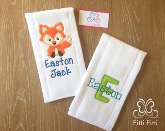 Personalized Baby Boy Fox set 2 burp cloth or Burp cloth & Bib - Appliqued Fox - Newborn Boy Gift