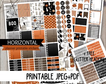 Horizontal Halloween printable planner stickers grave pumpkin crow hollow trees weekly sticker set for use with Erin Condren LifePlannerTM