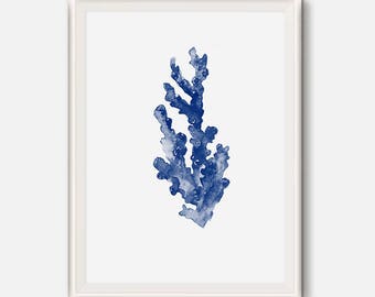Indigo print, Blue coral poster, Indigo seaweed painting, Nautical poster, Bathroom art, seaweed watercolor illustration, Ocean Plant Life