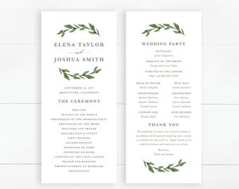 Printable Wedding Program | Wedding Ceremony, Greenery Wedding, Green Leaves