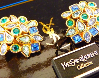 Yves Saint Laurent Earrings, YSL Clip On Earrings, Vintage, Blue, Green, Swarovski, Original Box, Gift Idea, Free Shipping