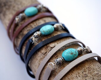 Turquoise Triple Wrap Leather Bracelet for Women - Black, Brown, Beige Woman Leather Bracelet - Boho Wrap Bracelet - Turquoise Bracelet
