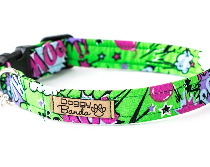 Cartoon Dog Collar Superhero Words Dog Collar Green Comic Dog Collar Boy Cool Dog Collar Male Funny Dog Сollar Marvel Geek Dog Collar Puppy