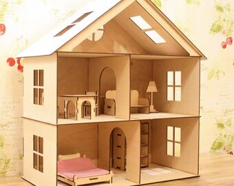 Dollhouse with furniture, Plywood doll house, Dollhouse, Wooden dollhouse, Dollhouse kit, Natural dollhouse, Girl doll house, Plywood house