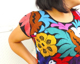 Embroidered Mexican Blouse, Otomi, Embroidered Blouse, Mexican Blouse Small, Mexican Blouse Black, Mexican Style Blouse, Mexican Embroidered