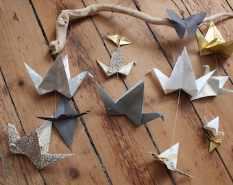 Mobile cranes, room decoration 12 origami baby girl, Japanese paper, washi, folded hand, gift sets, driftwood, marriage
