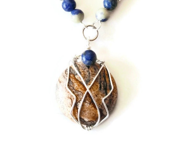 Sterling Silver Wire Wrapped Desert Jasper Pendant with Sodalite and Picture Jasper Beads