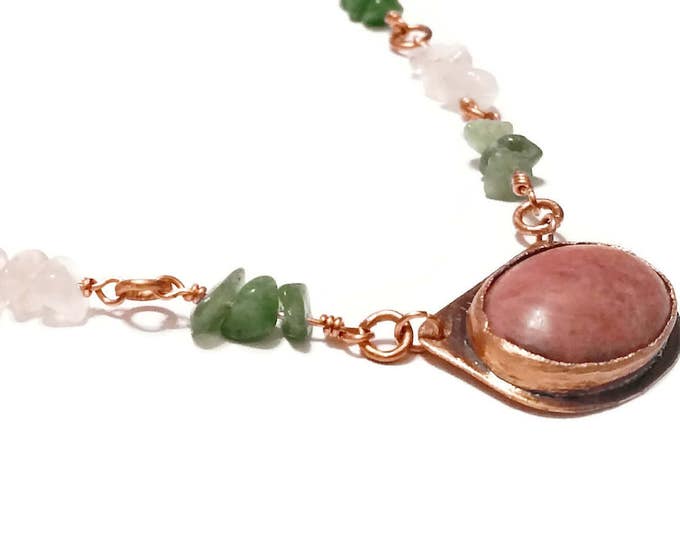 Pink Rhodonite Pendant, Heart Chakra Necklace, Rose Quartz, Green Aventurine Necklace, Unique Birthday Gift