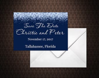 Navy Blue and Silver Glitter Save the Date Card, Instant Download, Save the Date Template, doc, Microsoft Word, code-024