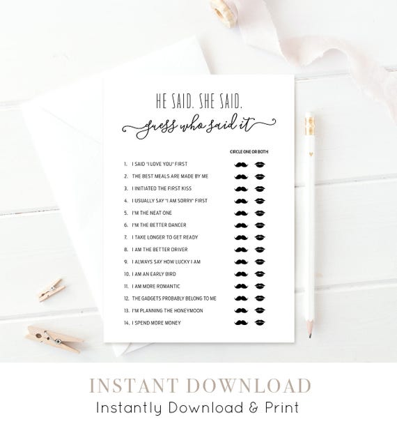 He Said She Said Game Printable Bridal Shower Game Wedding