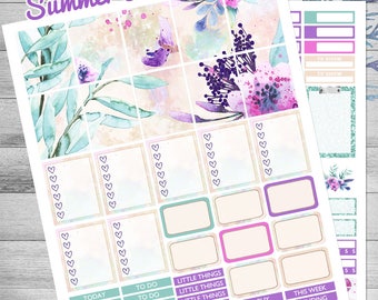 Fits Erin Condren Planner stickers, Printable planner stickers, Watercolor floral stickers, summer weekly kit, Lavender, planner sticker kit
