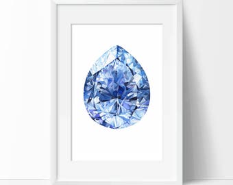 Sapphire Print, Wall Art Print, September Birthstone Poster, Watercolor Gemstone, Gemstone Print, Sapphire Painting Art Gift, Home Decor