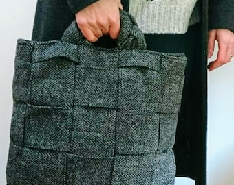 Hand Crafted grey herringbone Harris Tweed bag