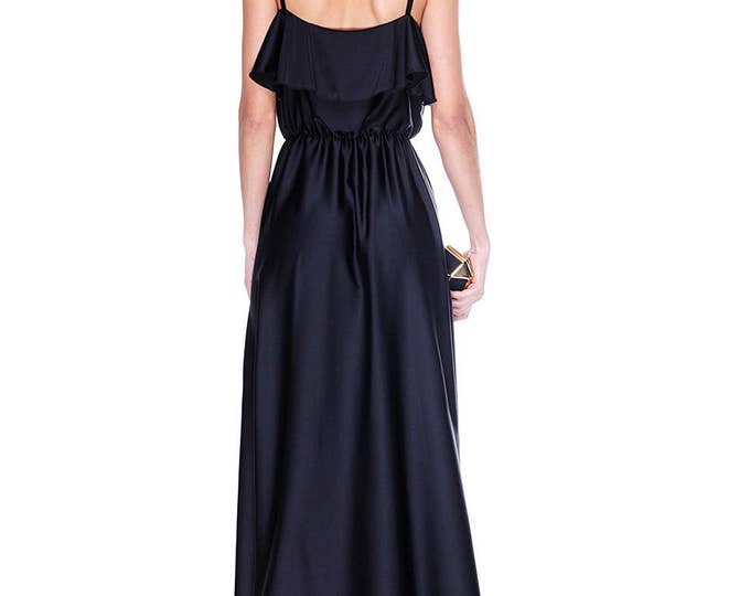 Evening Black Dress, Elegant Prom Dress, Long Bridesmaids Dress, Cocktail Dress, Ruffle Dress, Side Slit Dress