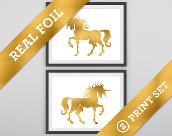 Unicorns Print Set: Two unicorns printed in Real Gold Metallic Foil - Fantasy Prints - Horses - Nursery Wall Prints - Girls Room - Magic