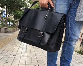 Leather Briefcase Men, Black Leather Messenger Bag, Men's Briefcase, Laptop Briefcase, Messenger Bag, 17'' Laptop Bag, Made in Greece.