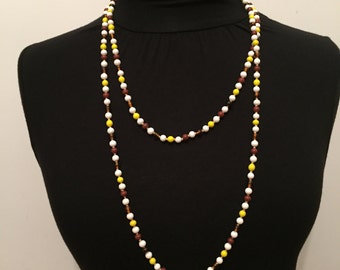 Glass Flapper - Retro Necklace - Brown Yellow White Glass Necklace - Beaded Necklace - Mid Century Jewelry