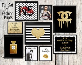 Coco Chanel print set, Coco Chanel wall art, Coco Chanel perfume, gold posters, Coco chanel quotes, fashion print, cc No5, lips, make up