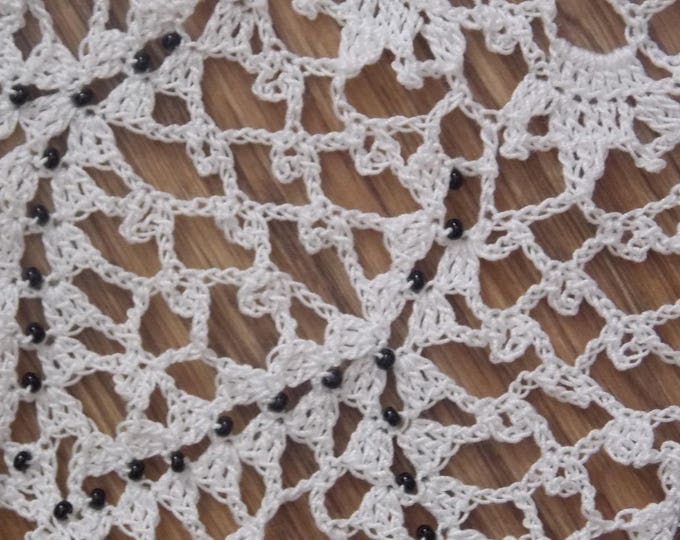 White cotton doily with beads, crochet ornaments, lace doily, white doily, crocheted decoration, crochet table decor, decorative crochet