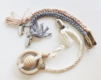 Neutral Pack braided pacifier clips, yarn, paci clip, teething toy, toy clip, cotton yarn, crochet, knit, baby, newborn, infant gift