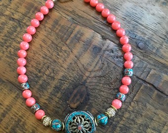 Coral Mother of Pearl Necklace with Tibetan Disc