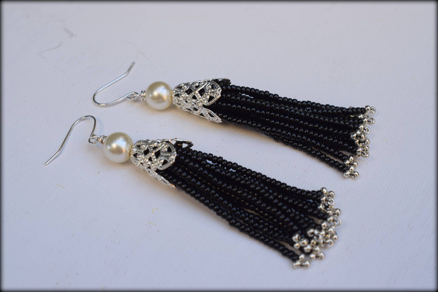 Black beaded tassel earrings long beaded tassels beaded