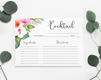 Recipe Cards, Bridal Shower Recipe Cards, Printable Recipe Cards, 3.5x5 Recipe Card, 4x6 Recipe Card, Printable, Instant Download, Tropical