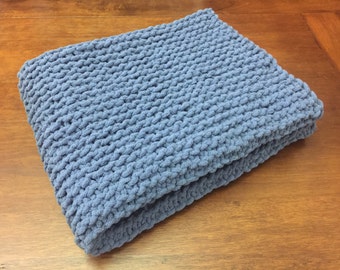 Hand-Knit Baby Blanket // Hand Knitted Baby Afghan // Chunky Knit Toddler Blanket // Bernat Blanket Yarn // Blue // Approx 29" W x 34" L