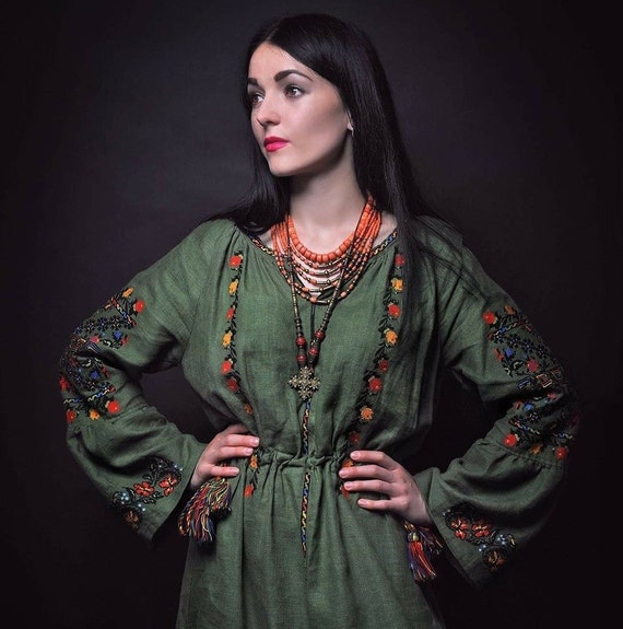 Ukrainian embroidered long maxi dress green linen with