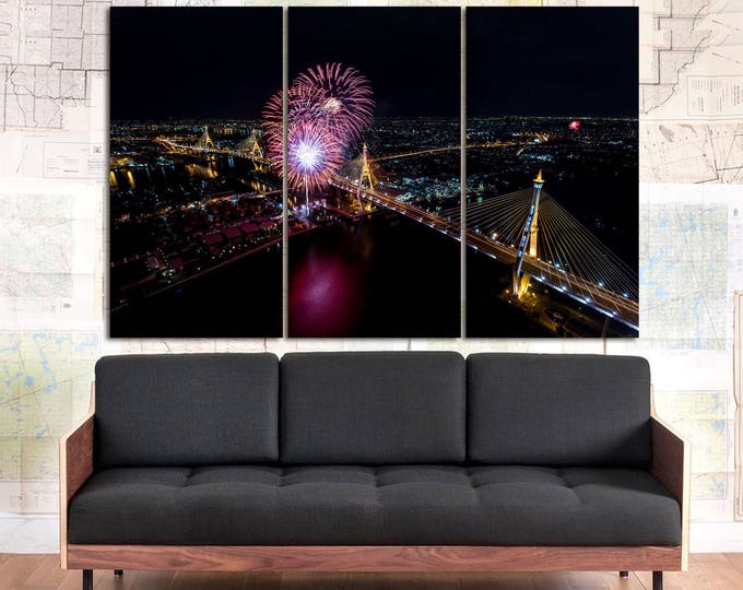 Thailand Bhumibol Bridge with fireworks in Bangkok canvas print, Bangkok fireworks night sky canvas wall art, firework cityscape wall art