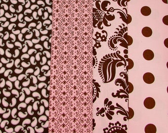 Pink and brown cotton prints quilting fabrics bundle, Stylized large floral, polka dots, paisley print, craft fabric stash, fabric remnants